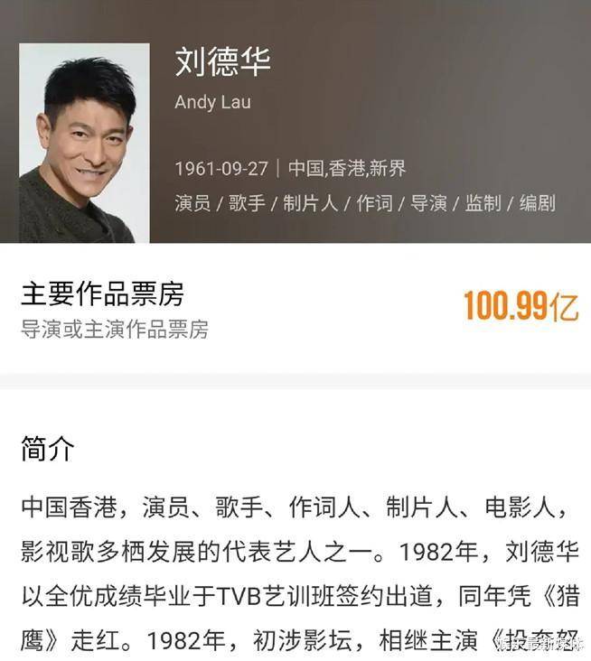 刘德华内地票房，突破一百亿网民币，成为内地票房港星冠军