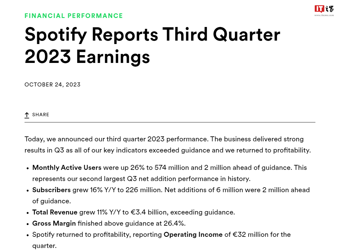 Spotify第三季度营收 3200 万欧元